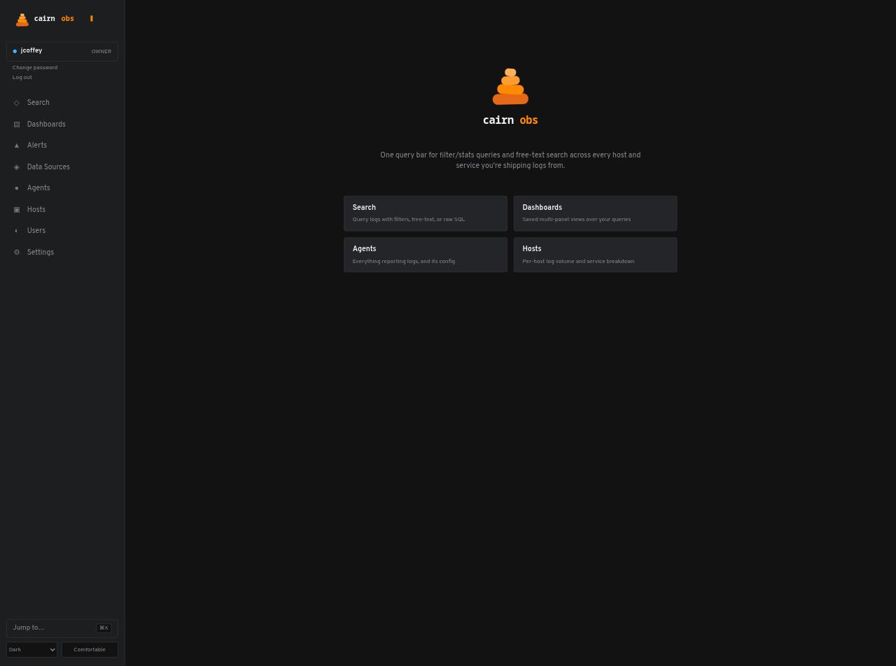 Cairn OBS landing screen after login, showing quick links to Search, Dashboards, Agents, and Hosts.