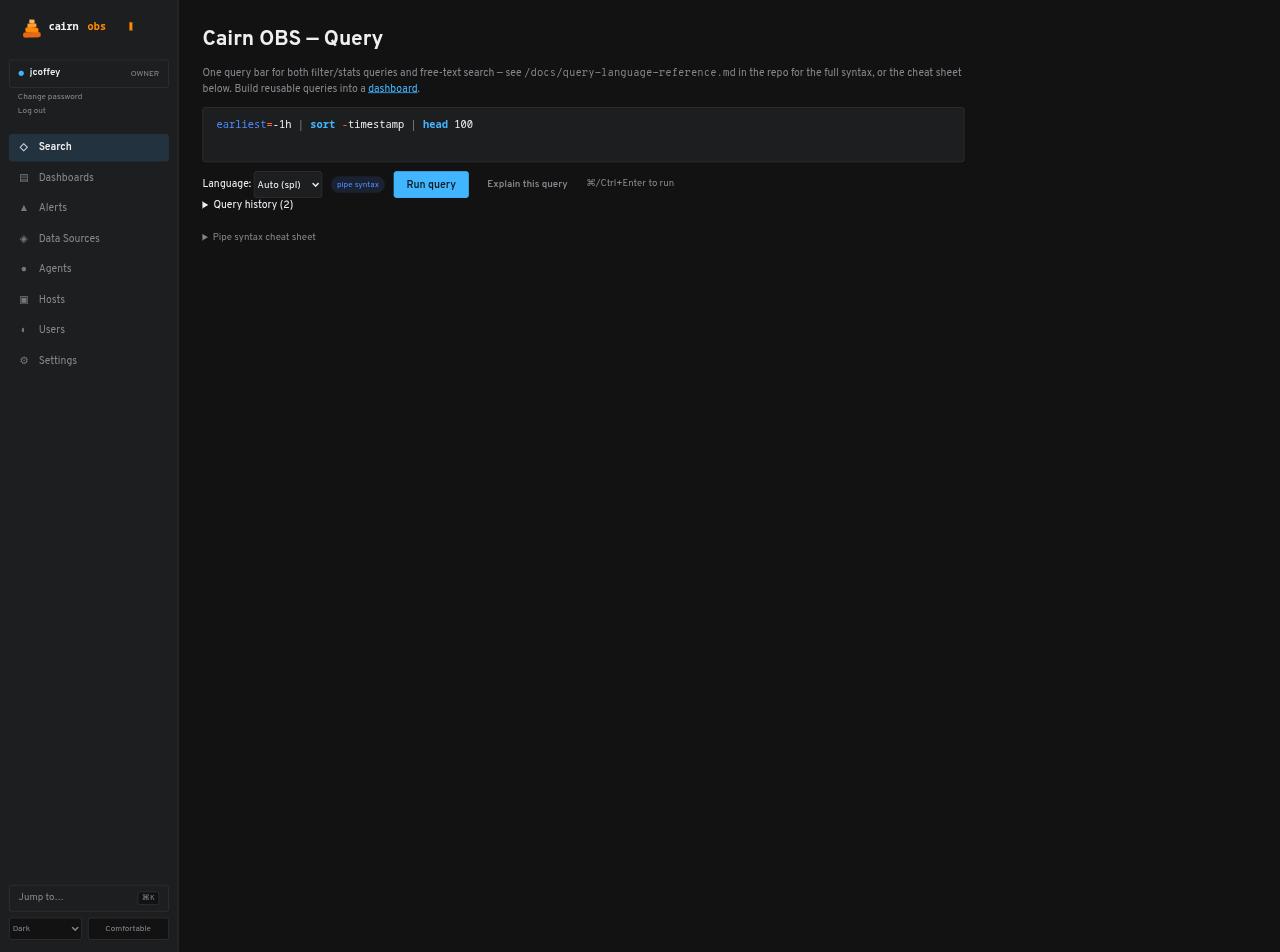 Cairn OBS query page with an empty pipe-syntax query bar and a pipe syntax cheat sheet.